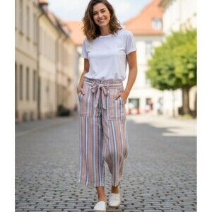 NWOT Seven7 Size 6 Wide Leg Crop Pants Linen Blend Stripes Coastal Casual Boho